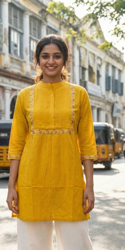 Yellow Rayon Multi Embroidery Work Kurti