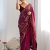 Wine Georgette Sequence Lace Work Saree