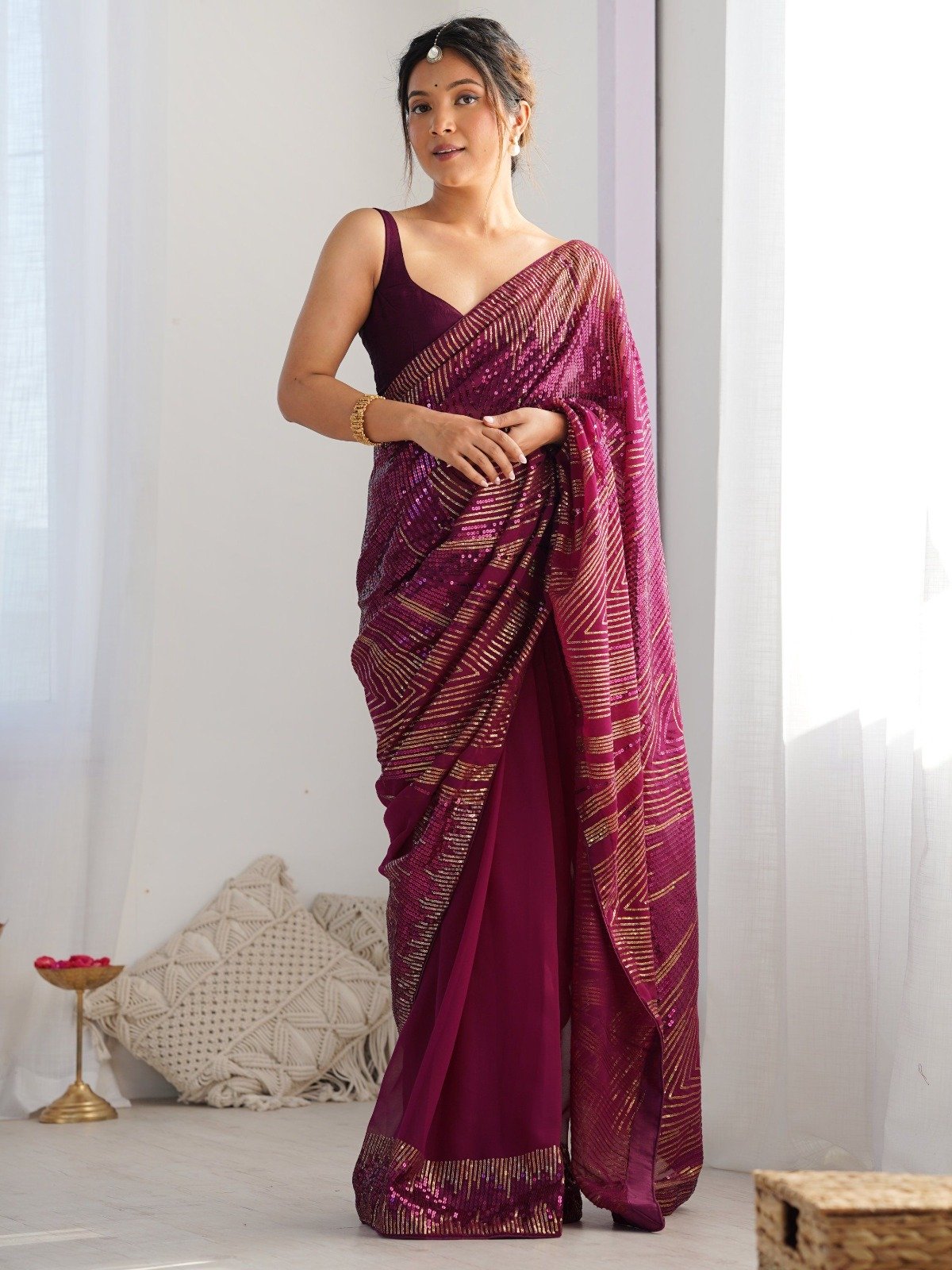Wine Georgette Sequence Lace Work Saree - Image 2