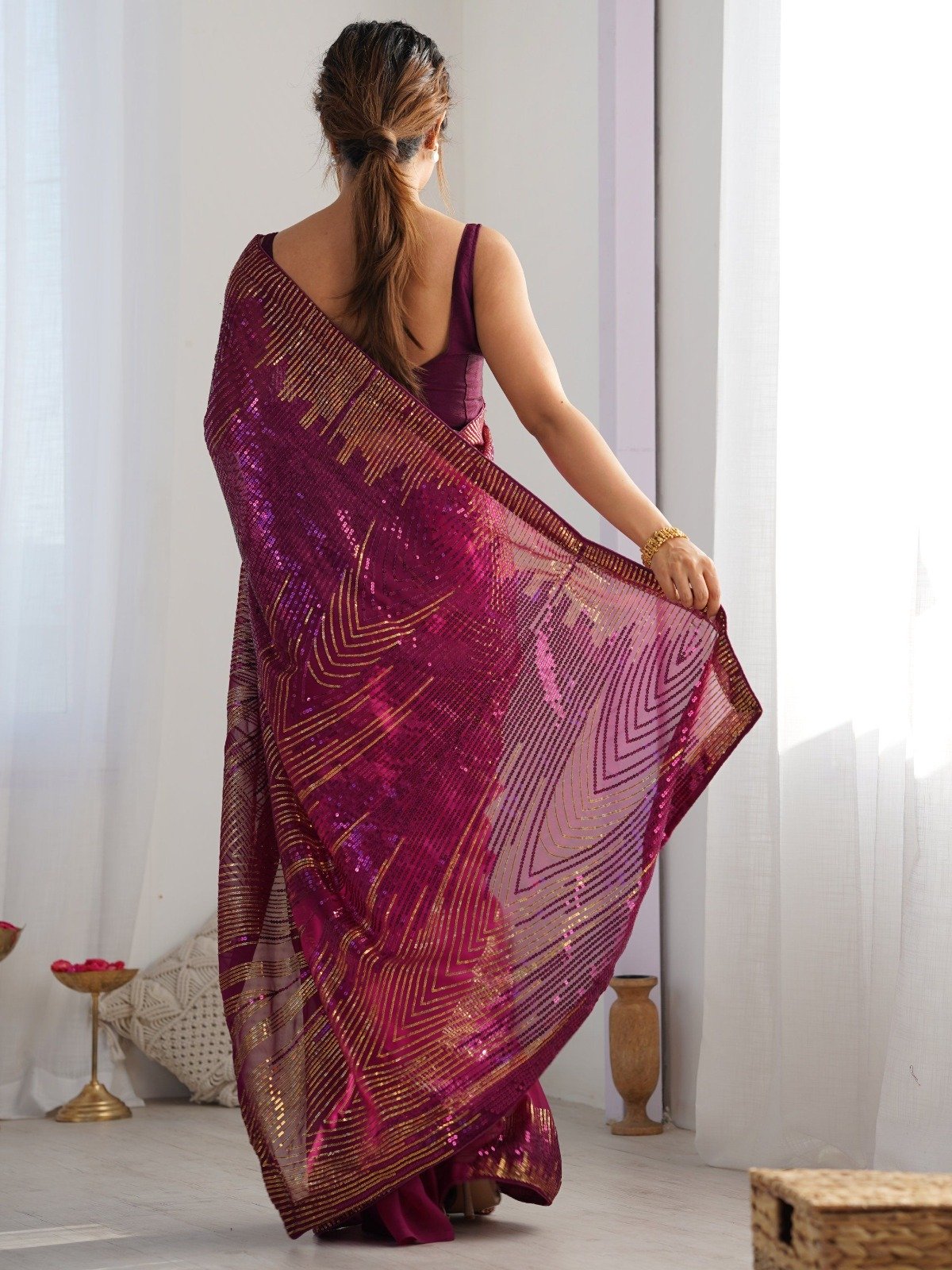 Wine Georgette Sequence Lace Work Saree - Image 5
