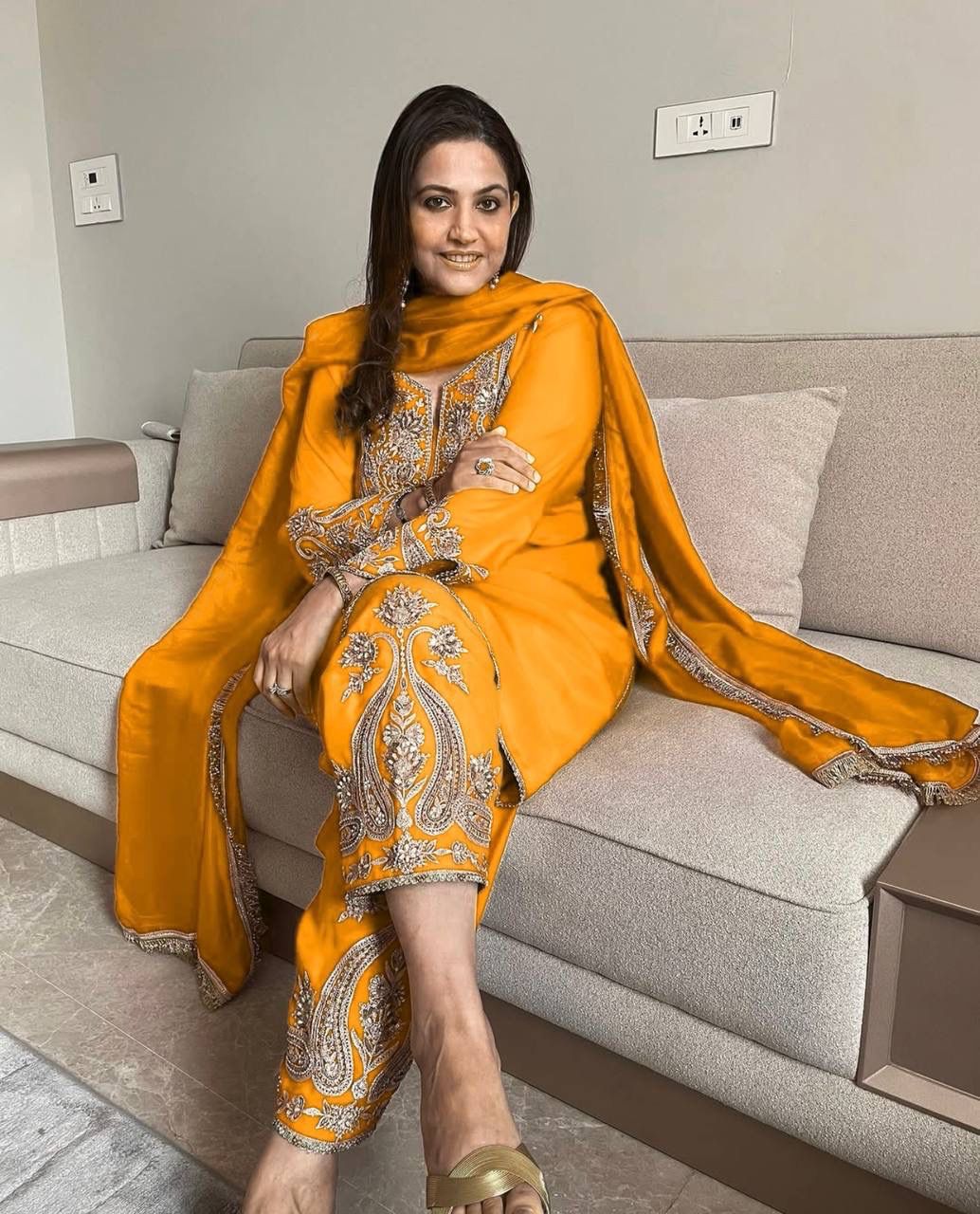 Yellow Chinnon Silk With Sequence Salwar Suit - Image 3