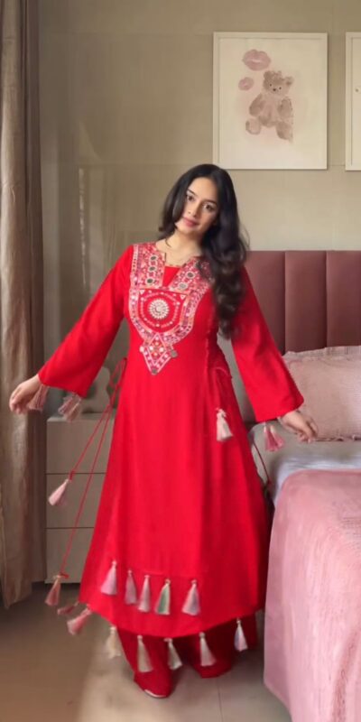 Red Rayon Thread With Real Mirror Work Salwar Suit