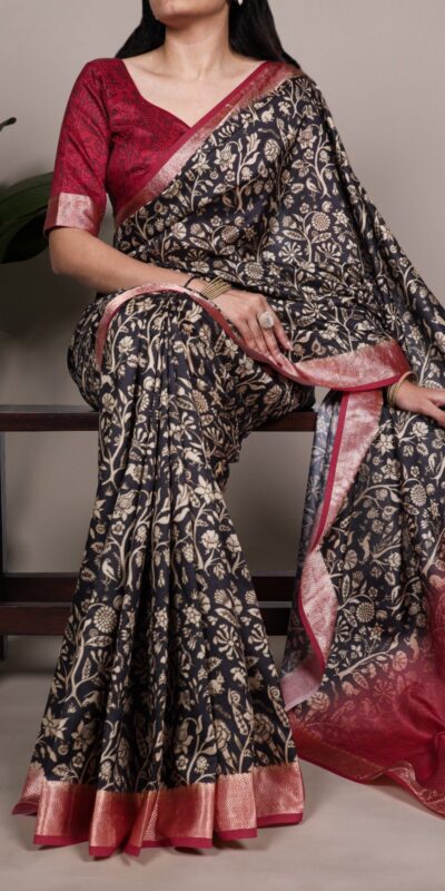 Black Tasar Silk With Printed Viscose Border Saree
