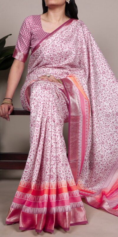 Light Pink Tasar Silk With Printed Viscose Border Saree