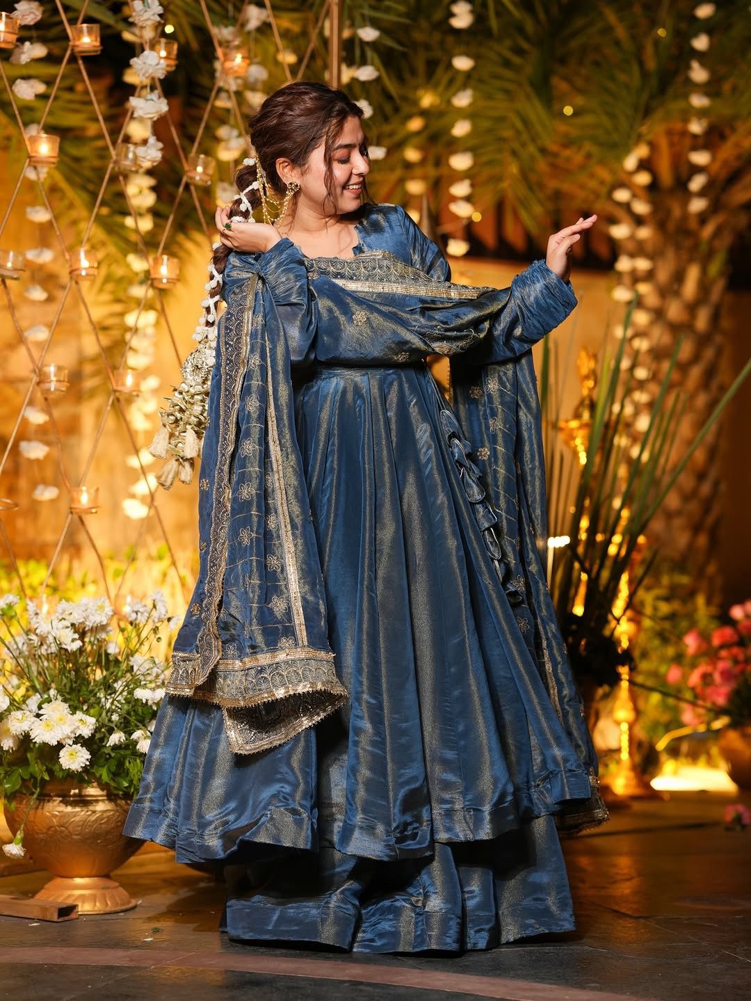 Blue Cosmos Silk Lace Embroidery Work Gown - Image 3