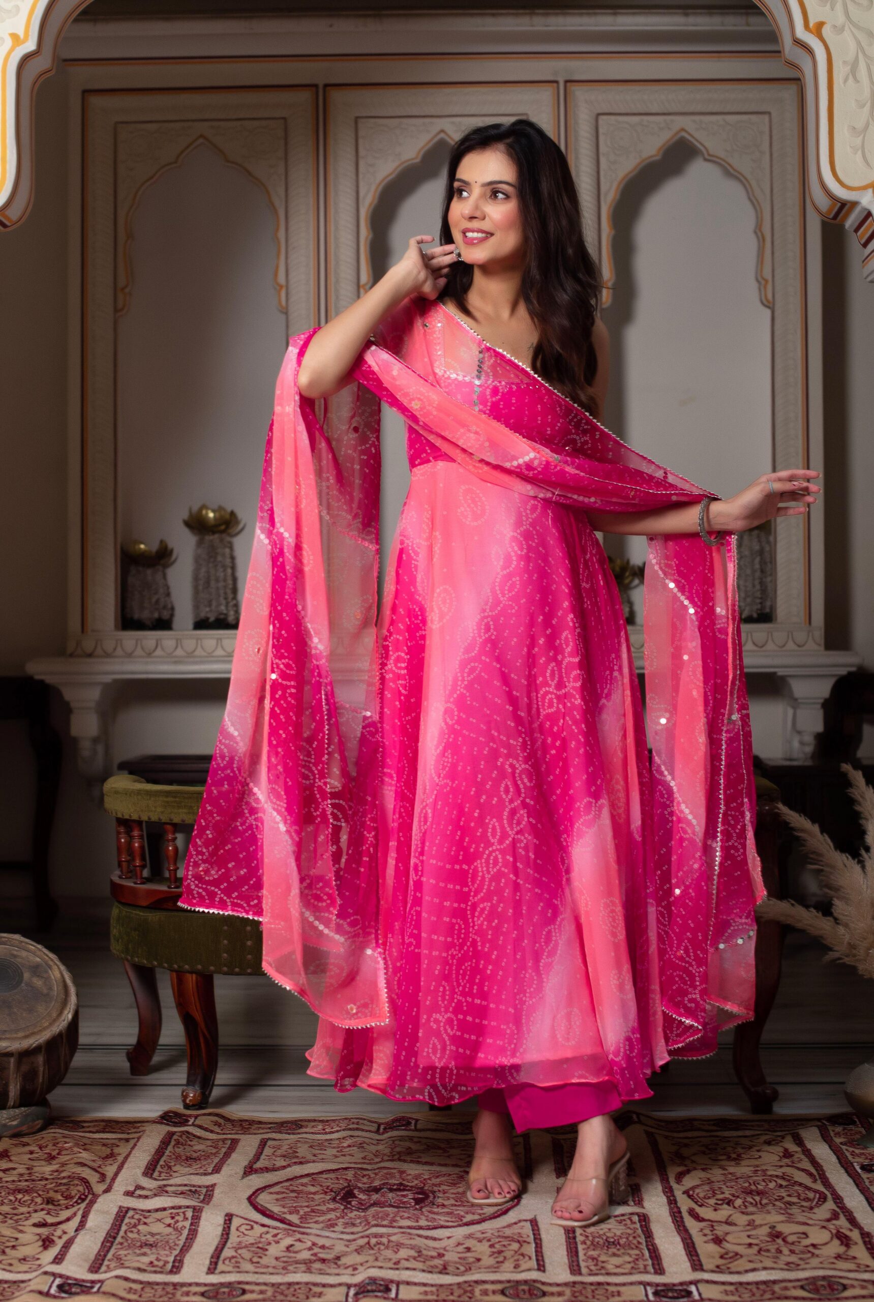 Pink Faux Georgette Mirror Work Digital Print Salawar Suit - Image 3