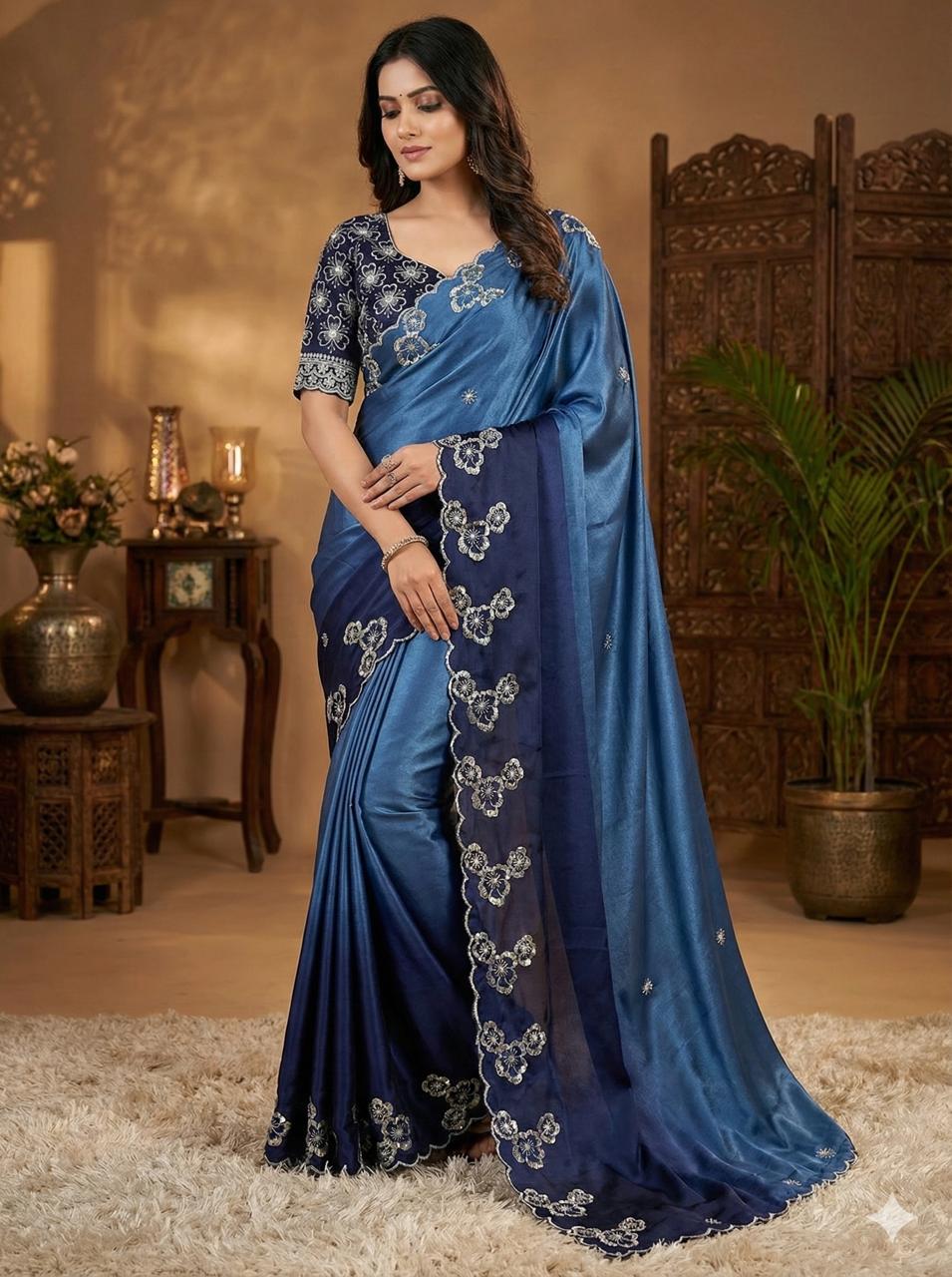 Blue Chinon Embroidery Work Saree