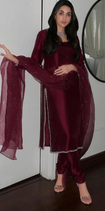 Maroon Pure Organza Embroidery Bead Work Slawar Suit