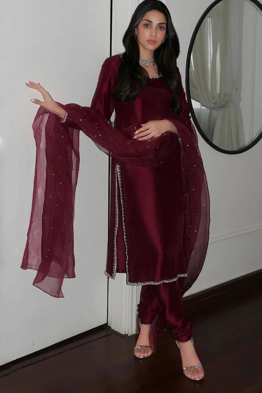 Maroon Pure Organza Embroidery Bead Work Slawar Suit