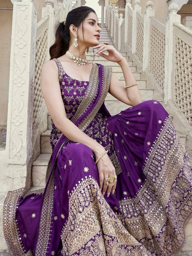 Purple Faux Georgette thread Lace Work Salwar Suit - Image 4