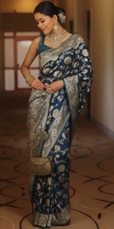 Navy Blue Soft Lichi Silk All Over Work Saree