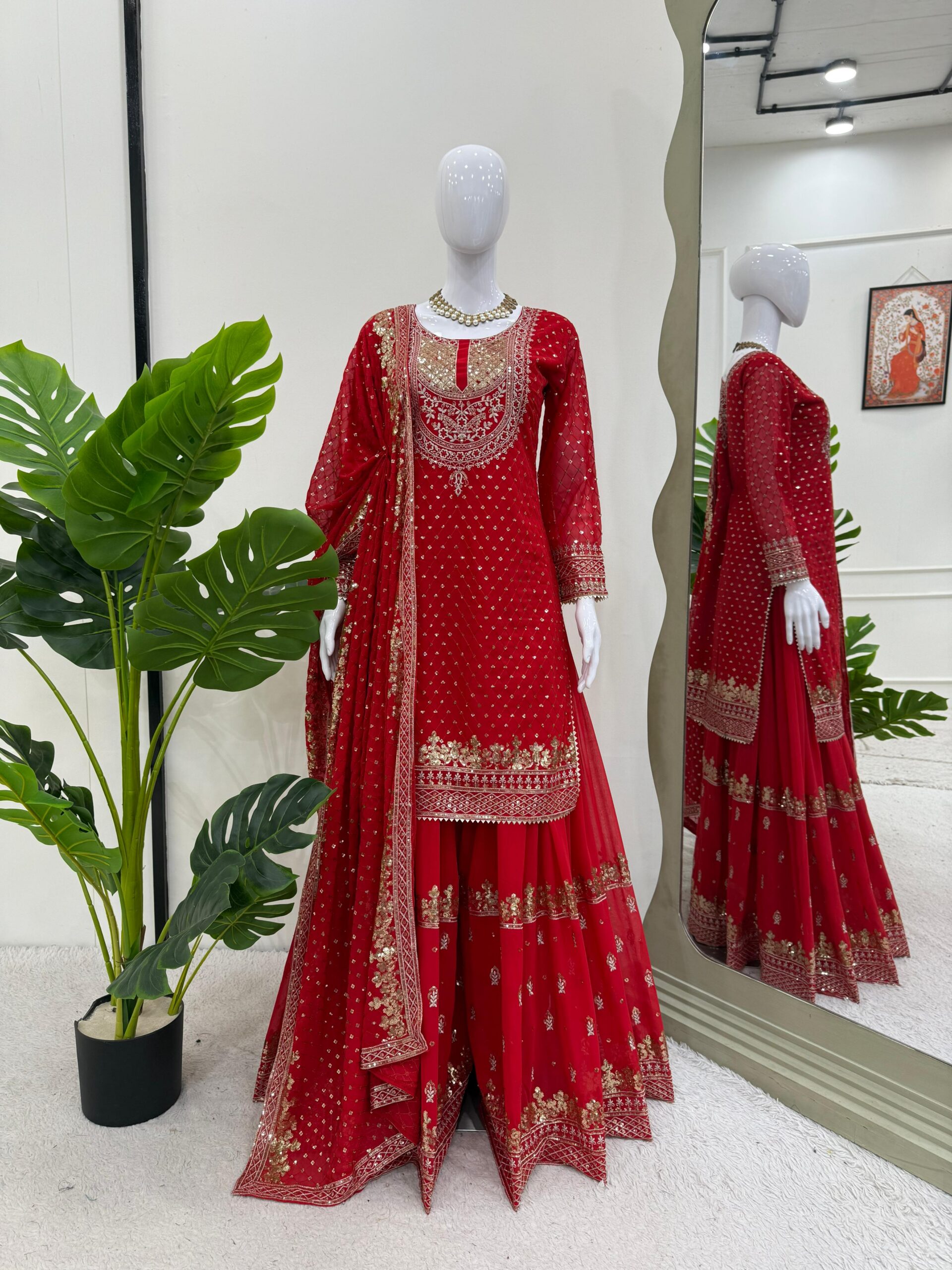 Red Faux Georgette Thread Work Salwar Suit