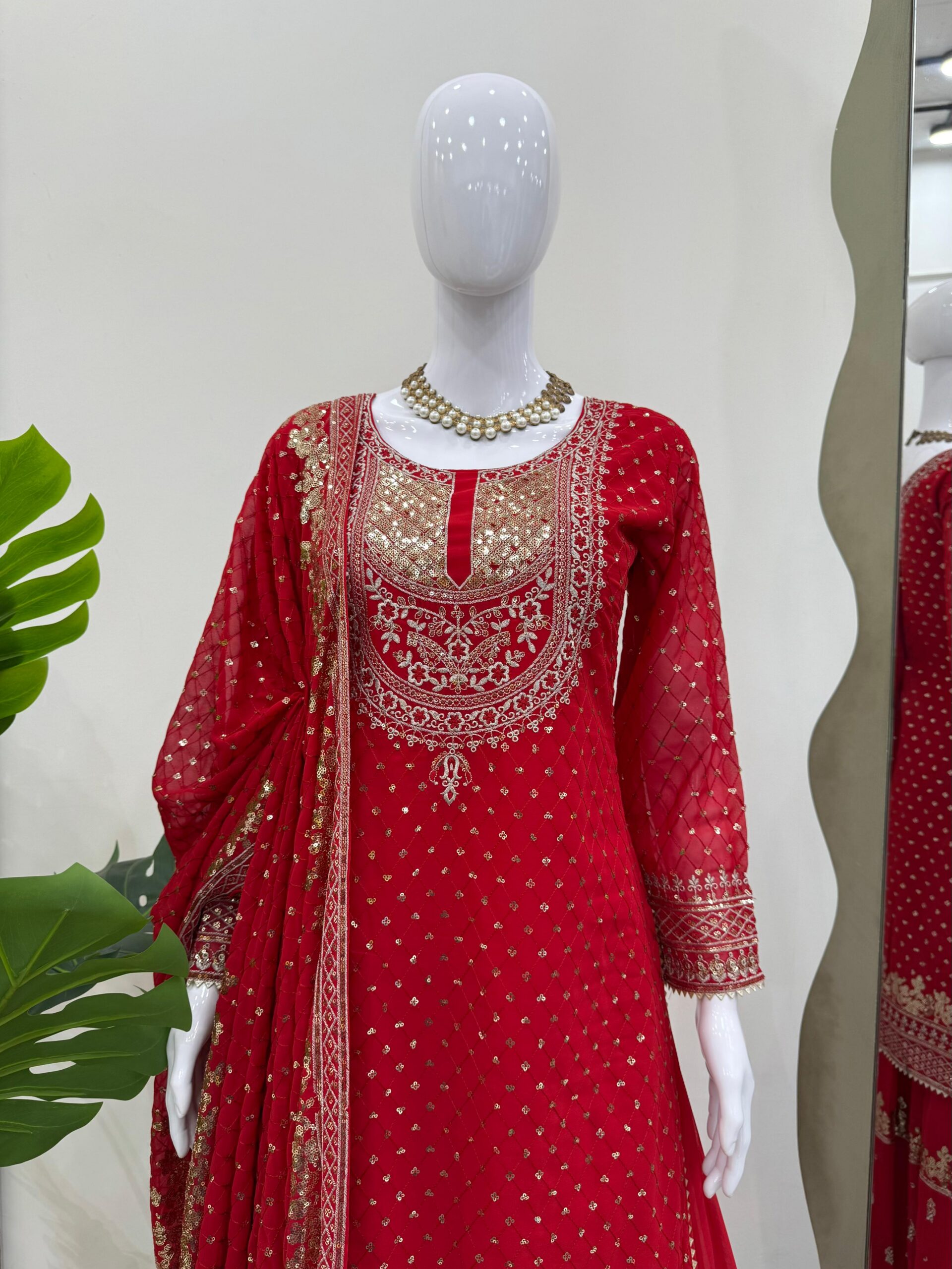 Red Faux Georgette Thread Work Salwar Suit - Image 3
