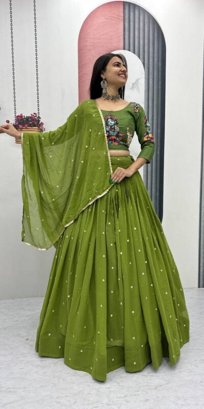 Green Cotton Kalamkari Embroidery Work Lehenga Choli
