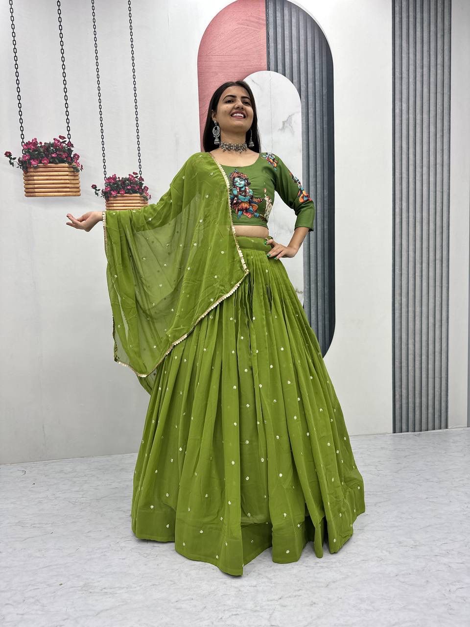 Green Cotton Kalamkari Embroidery Work Lehenga Choli - Image 2