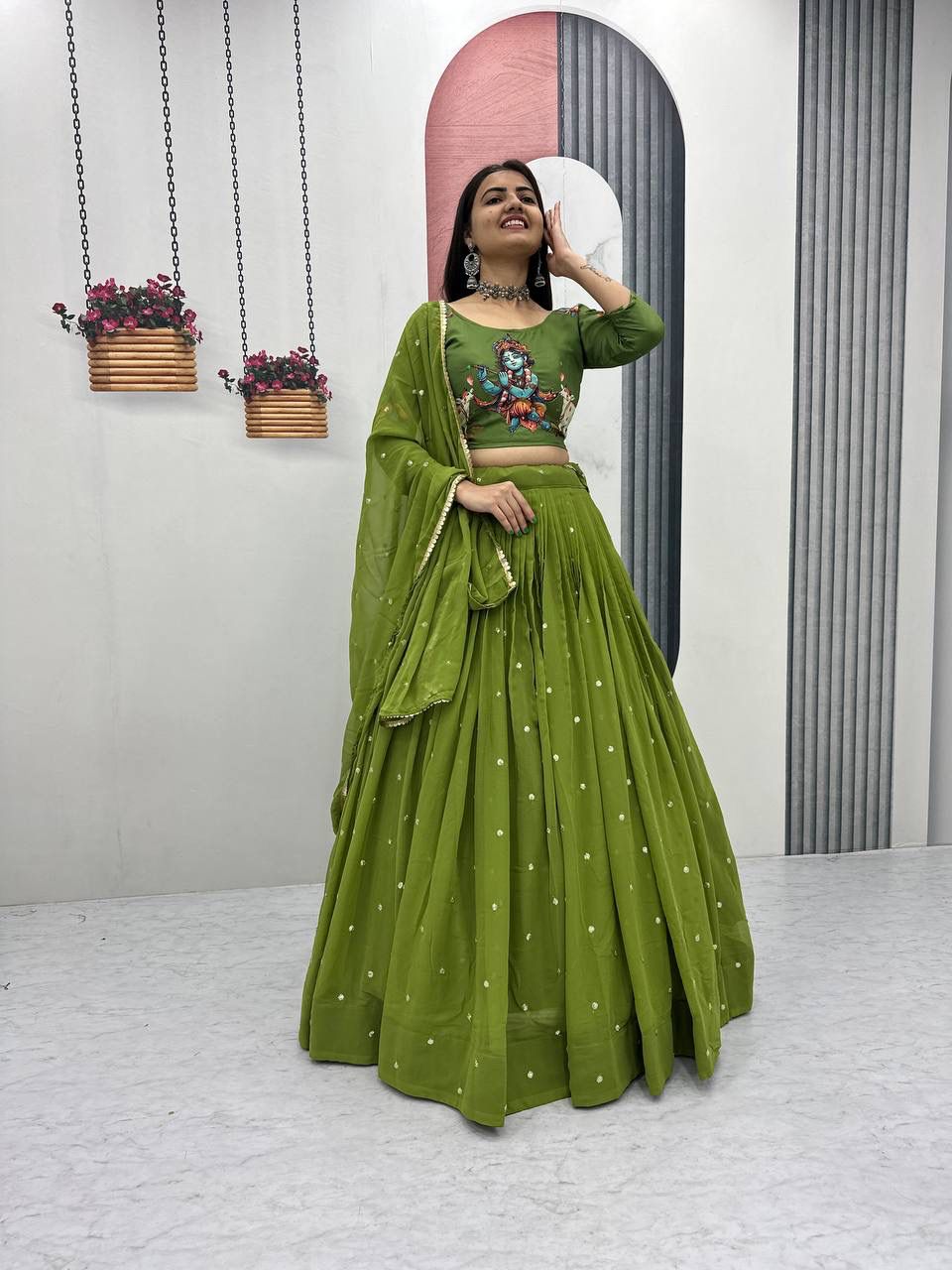 Green Cotton Kalamkari Embroidery Work Lehenga Choli - Image 3