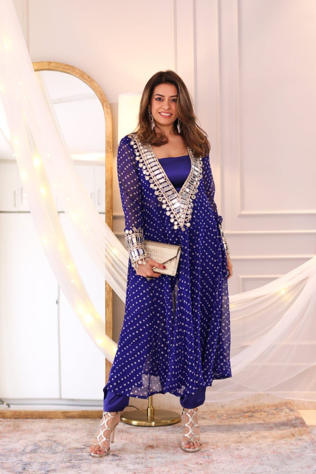 Royal Blue Georgette Embroidery Mirror Work Kurti