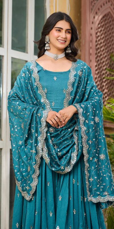 Blue Vichitra Silk Embroidery Work Gown