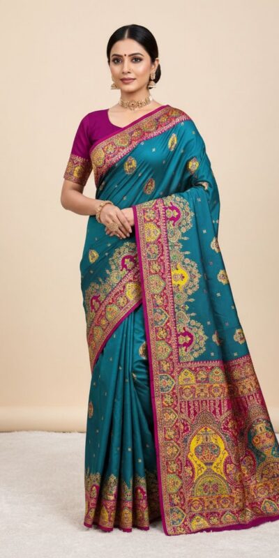 Teal Paithani Silk Border Lace Work Saree