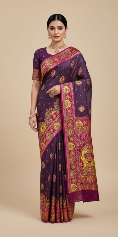 Wine Paithani Silk Border Lace Work Saree