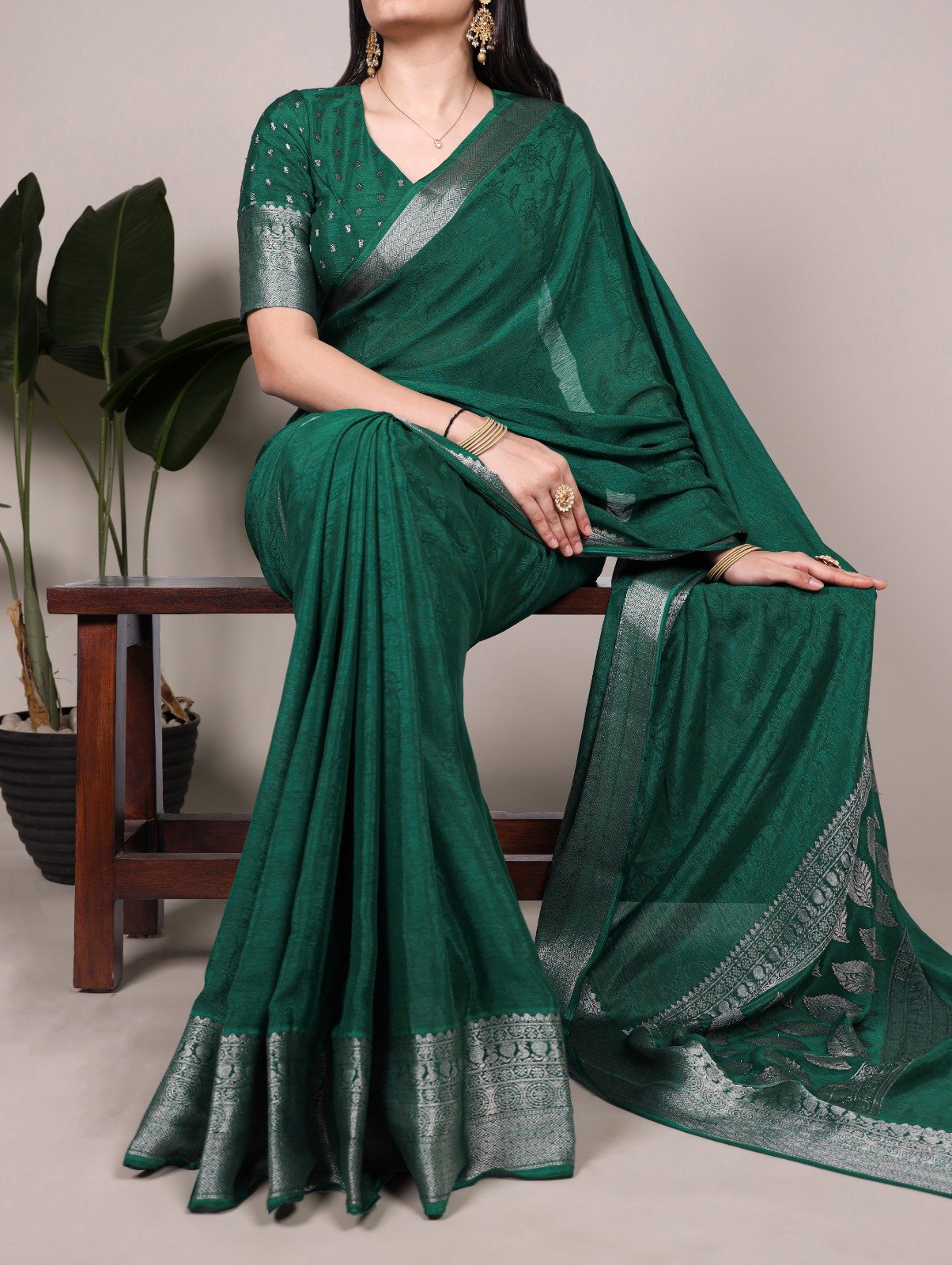 Green Chinon Zari Weaving Work Saree