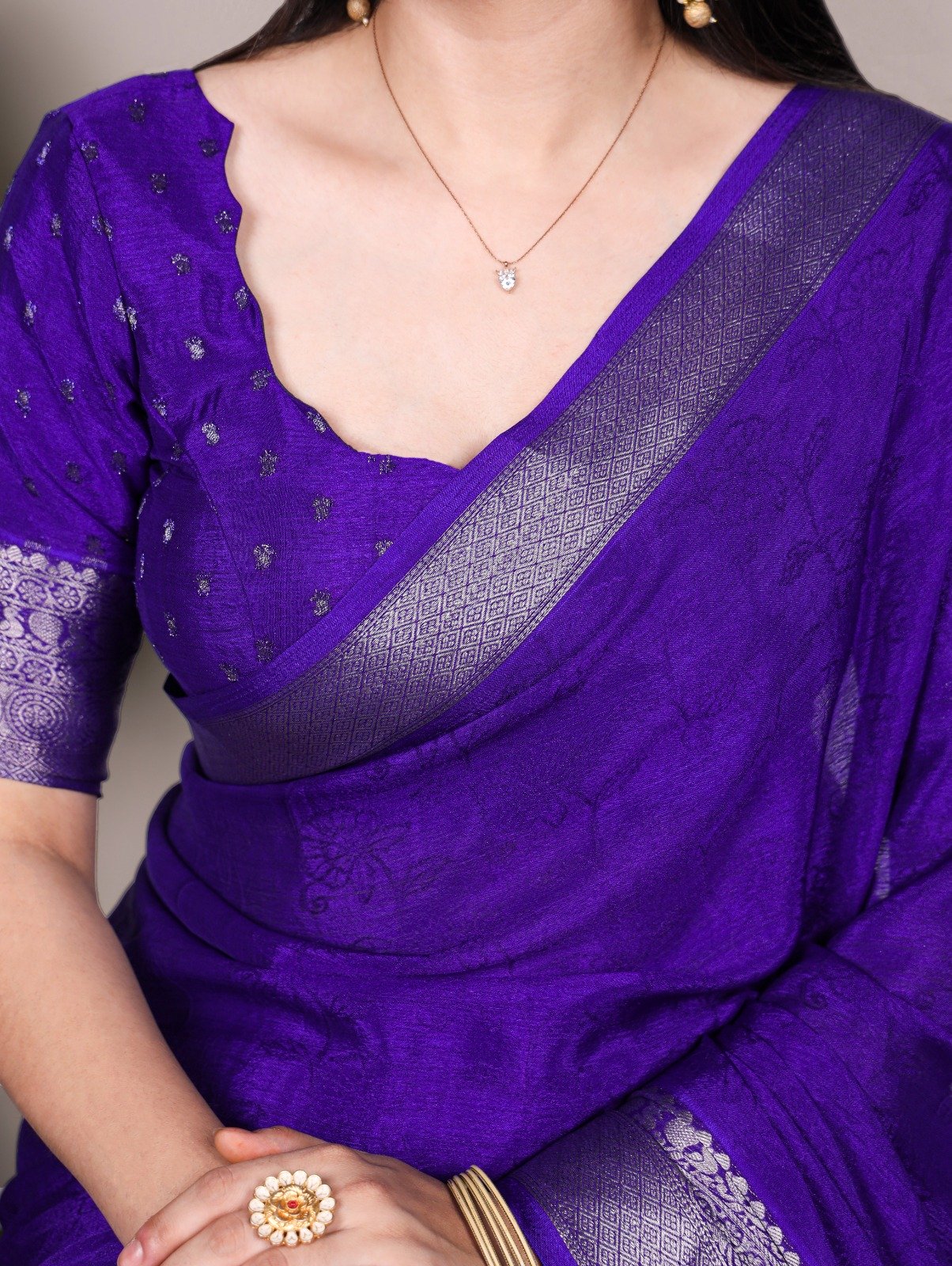 Royal Blue Chinon Zari Weaving Work Saree - Image 2