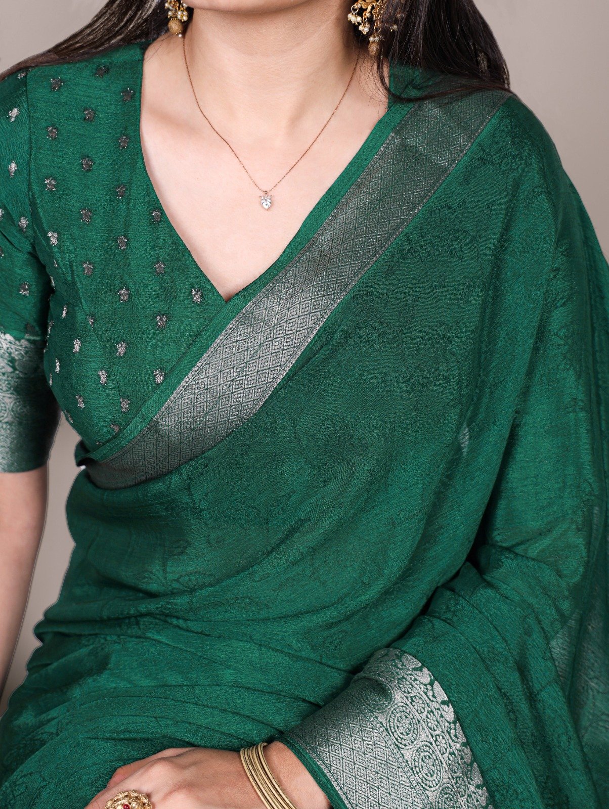 Green Chinon Zari Weaving Work Saree - Image 2