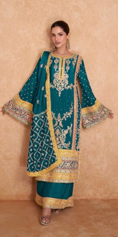 Blue Chinon Embroidery Work Salwar Suit