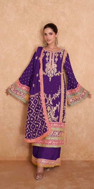 Purple Chinon Embroidery Work Salwar Suit