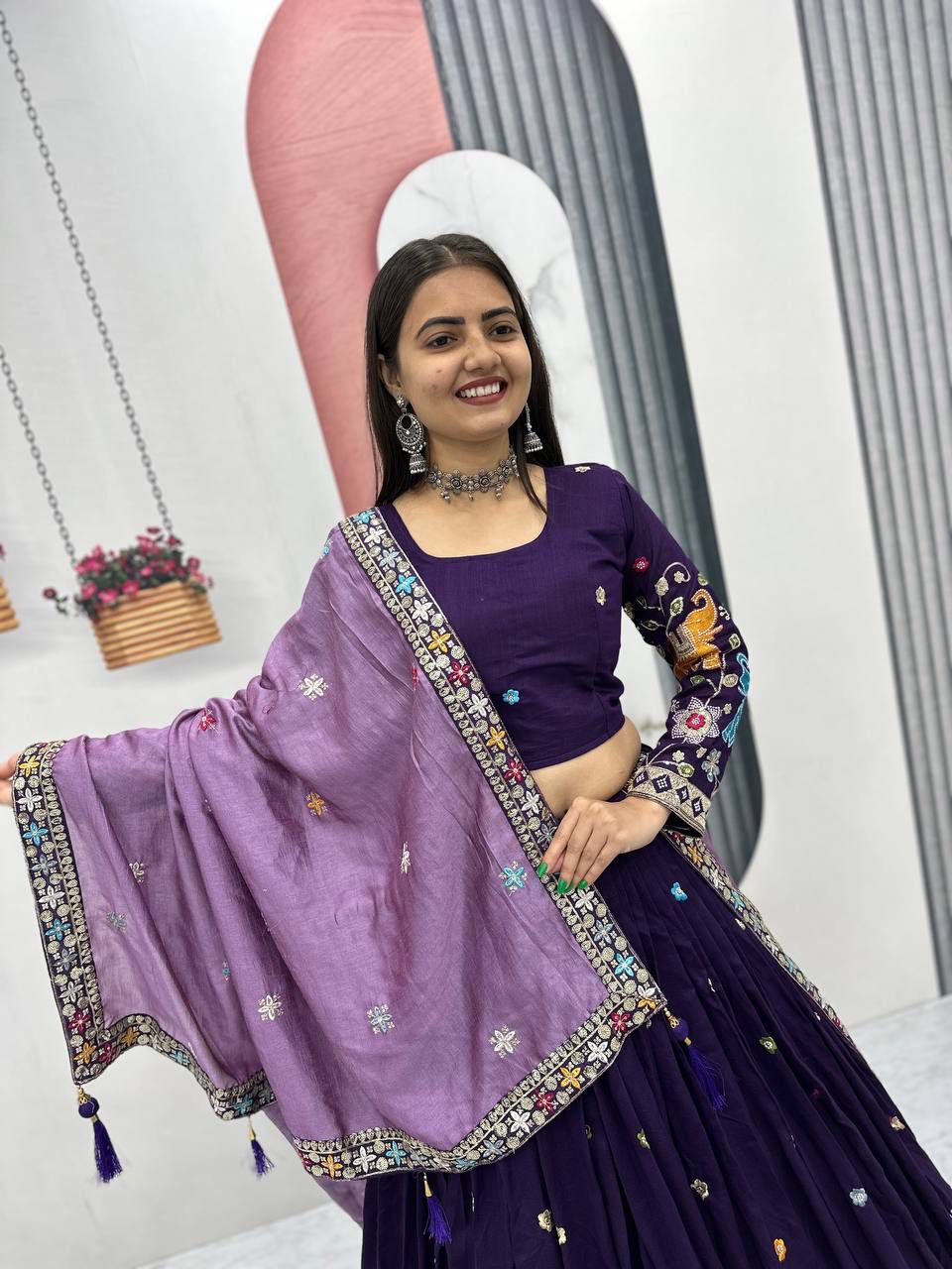 Purple Vichitra Silk Lace Border Work Lehenga Choli - Image 2