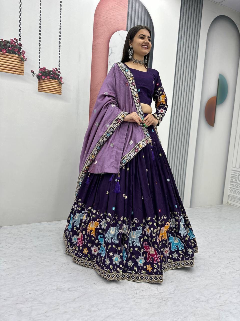 Purple Vichitra Silk Lace Border Work Lehenga Choli - Image 3