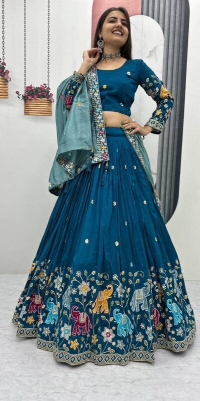 Peacock Blue Vichitra Silk Lace Border Work Lehenga Choli