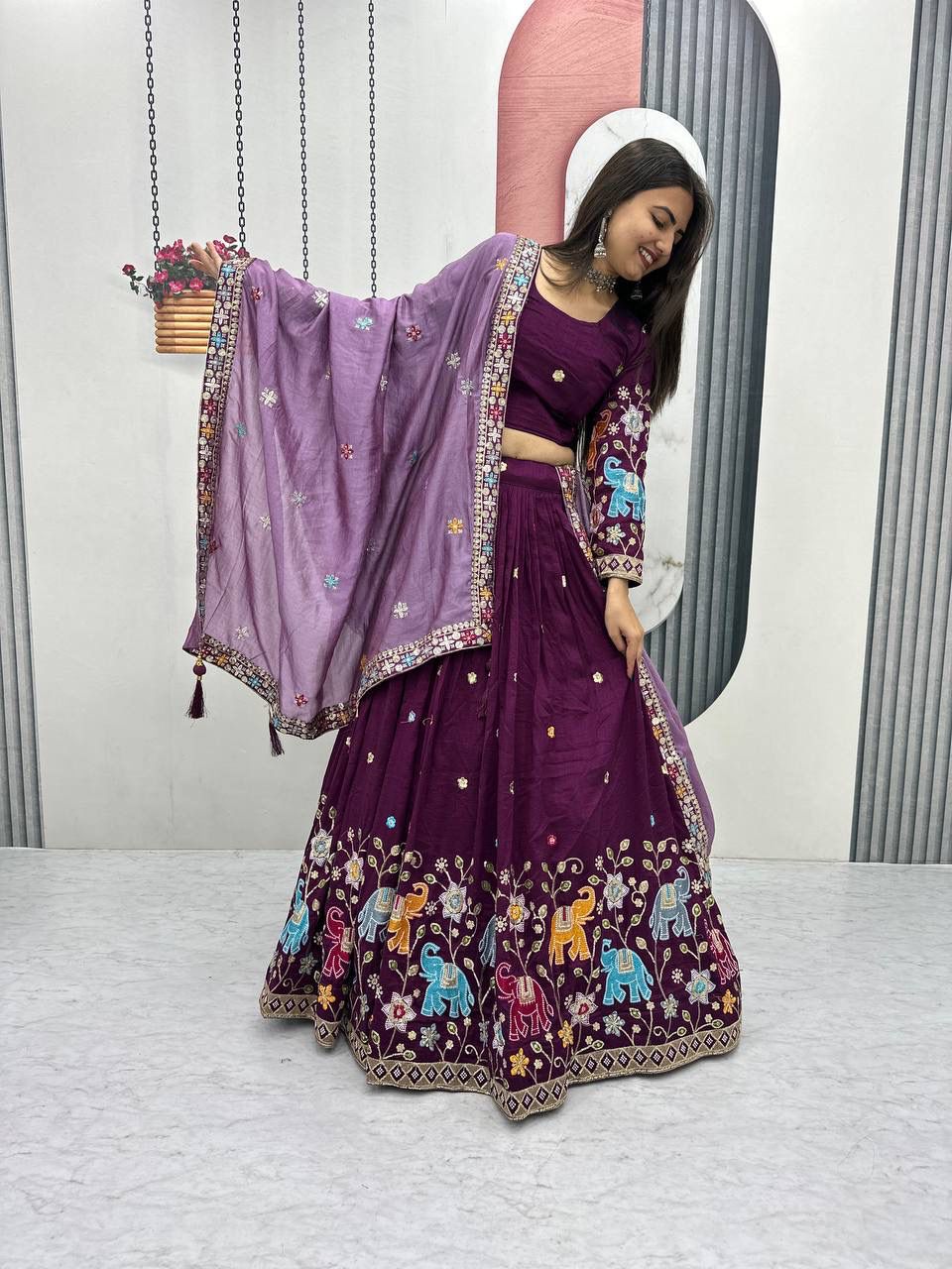 Wine Vichitra Silk Lace Border Work Lehenga Choli - Image 3