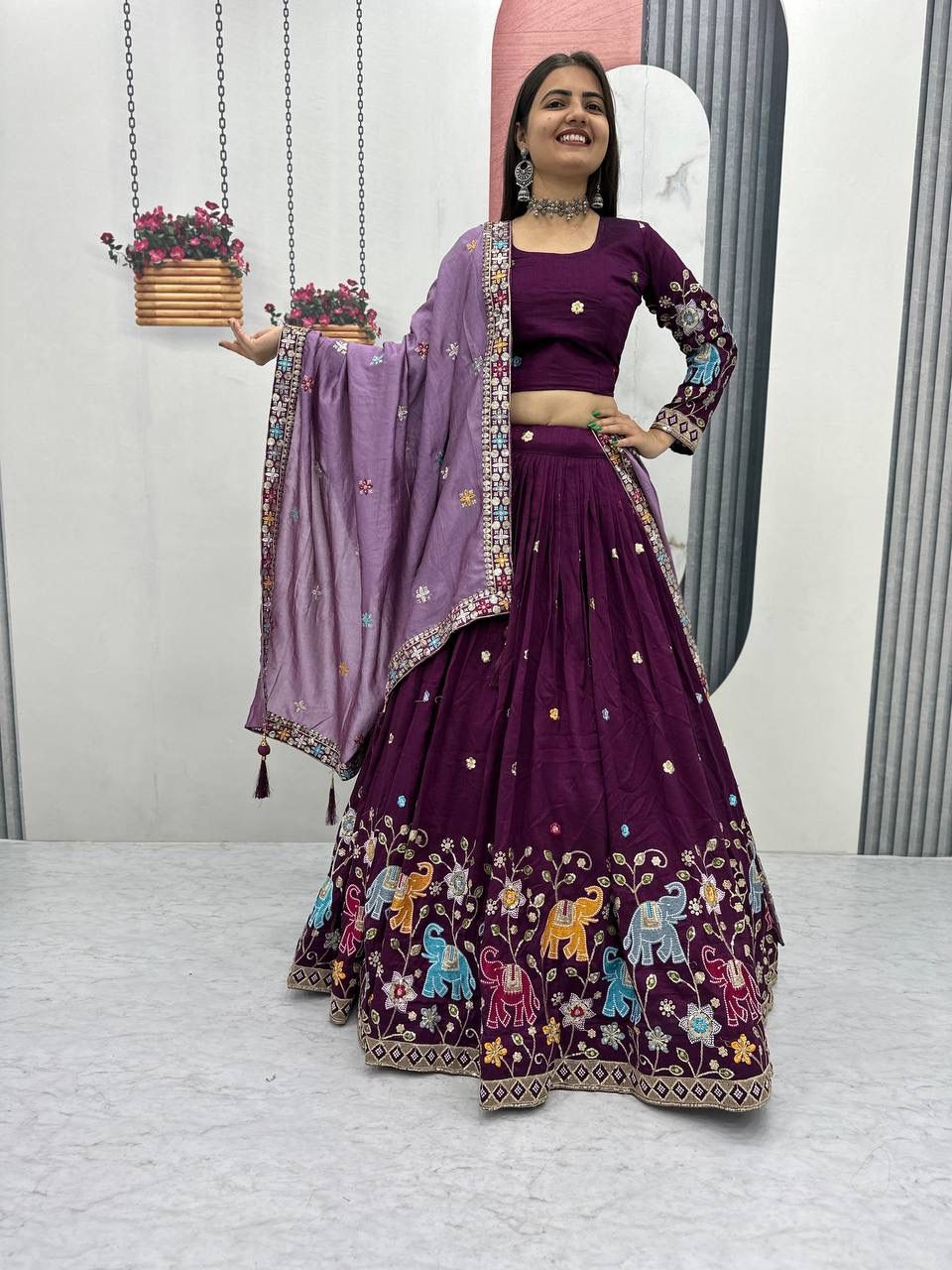 Wine Vichitra Silk Lace Border Work Lehenga Choli - Image 4