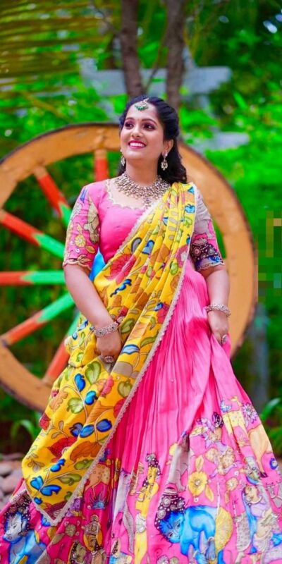 Pink Chent Crap Kalamkari Print Lehenga Choli