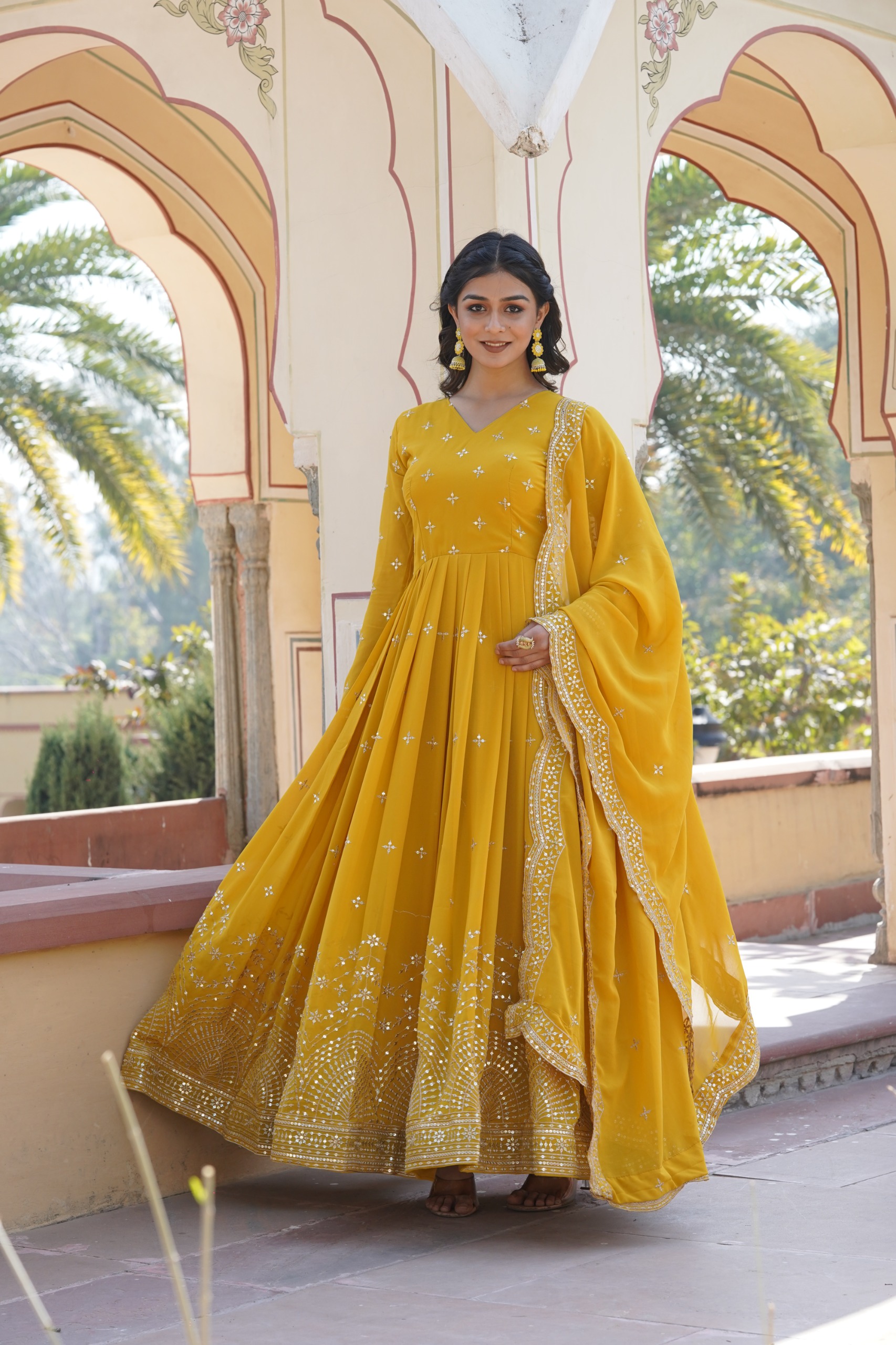 Yellow Faux Georgette Embroidery Zari Work Gown