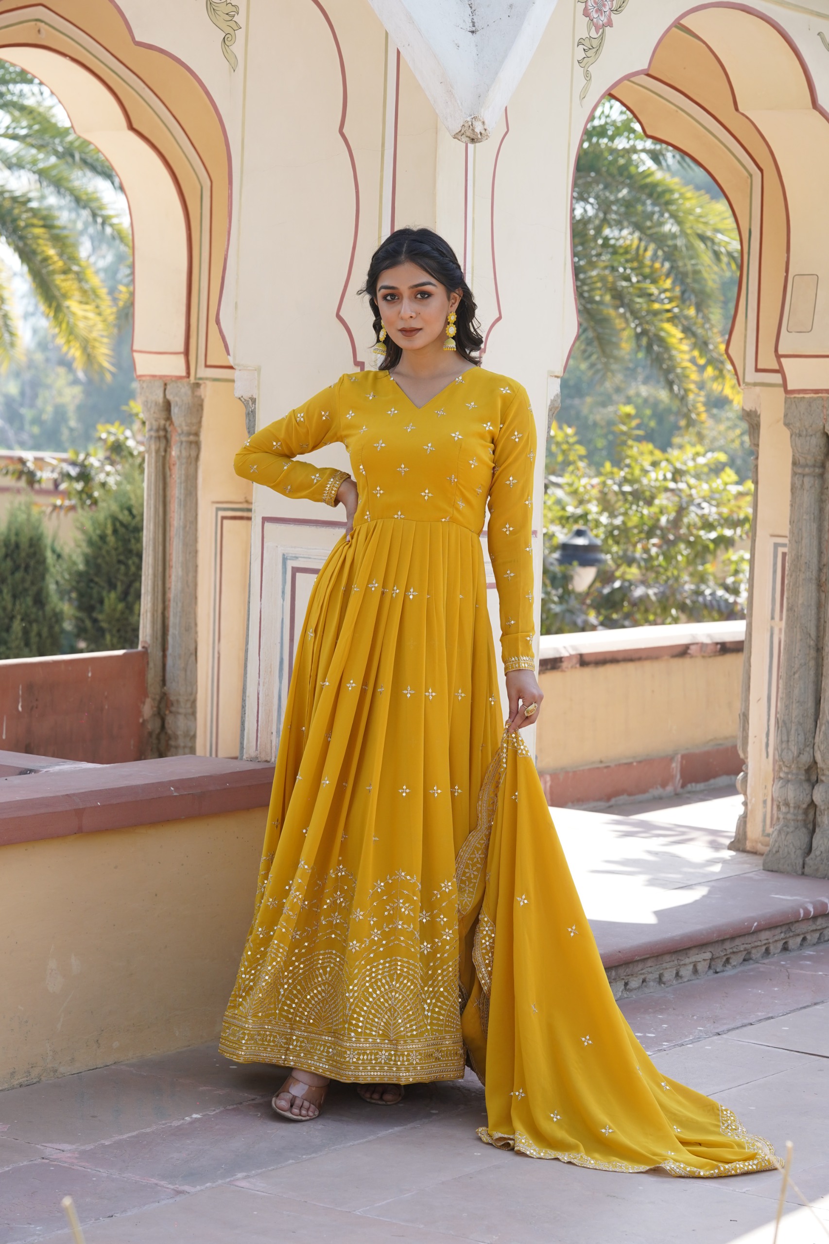 Yellow Faux Georgette Embroidery Zari Work Gown - Image 4