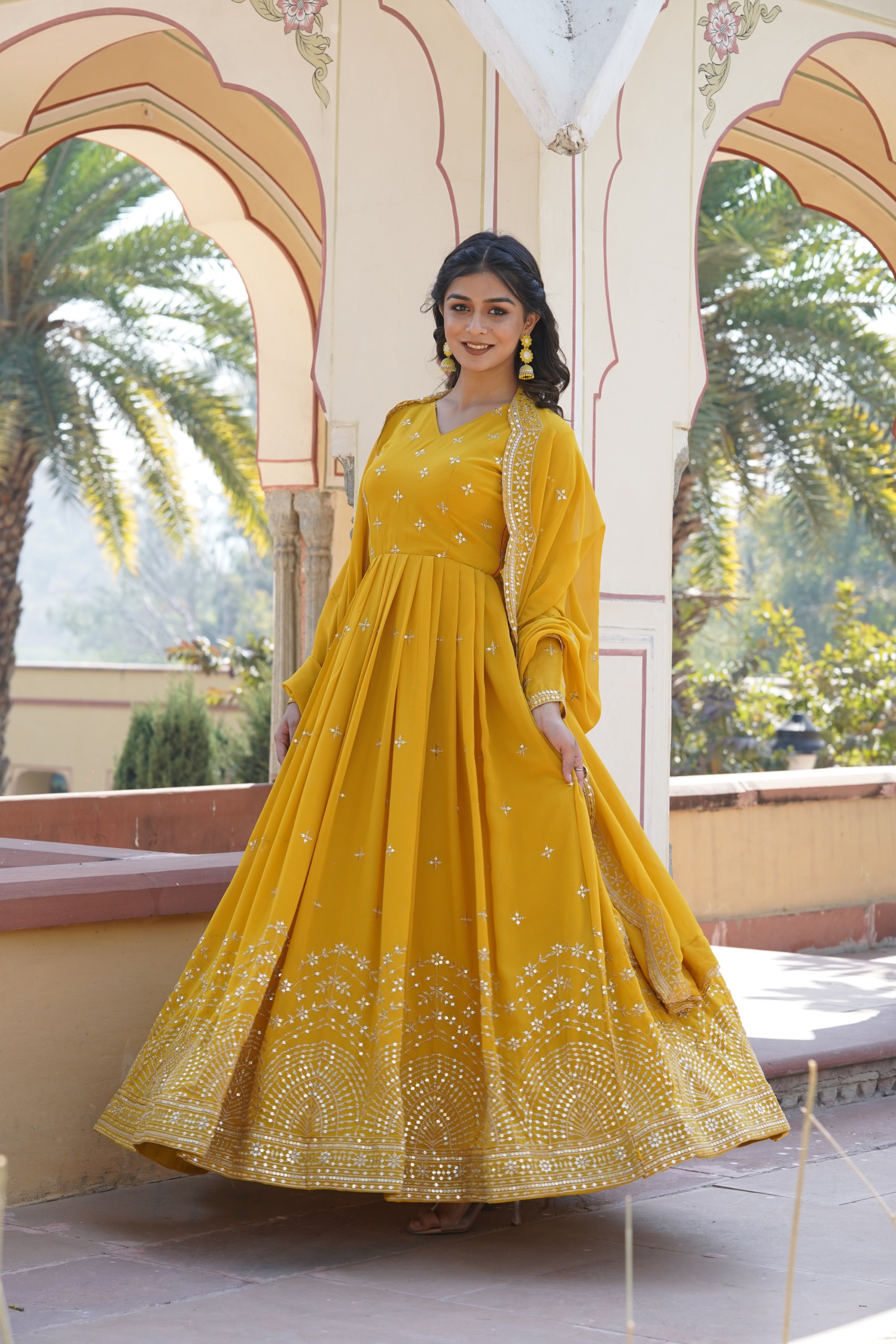 Yellow Faux Georgette Embroidery Zari Work Gown - Image 5