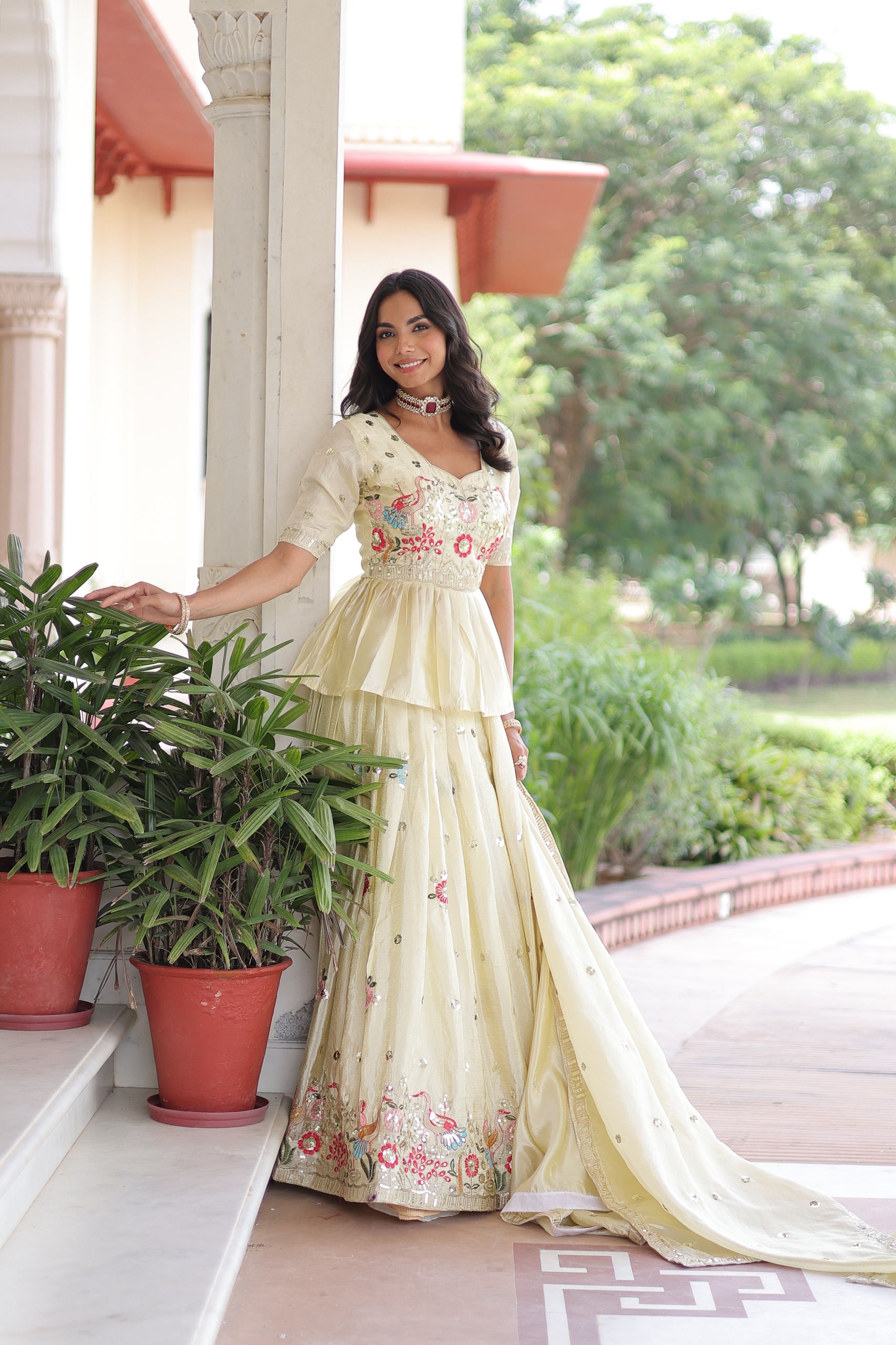 Off White Gold Crush Zari Embroidery Work Lehenga Choli - Image 4