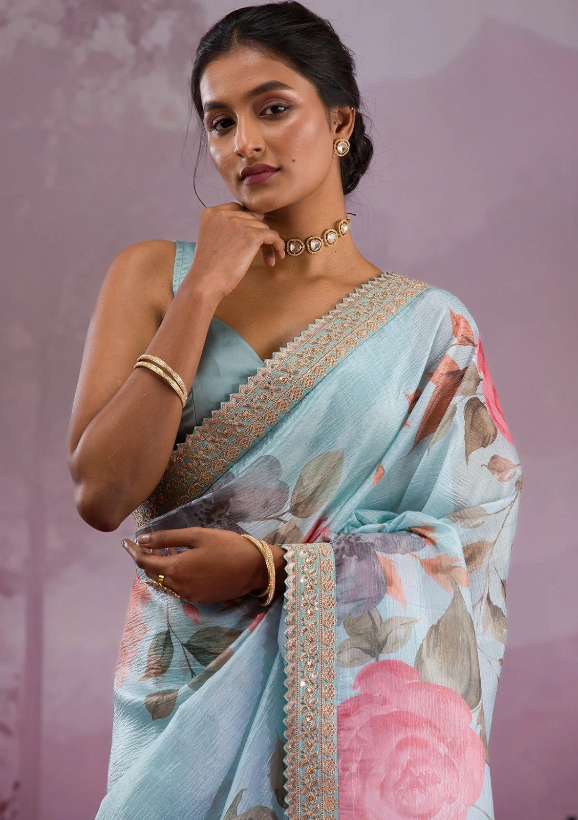 Sky Blue Chinon Silk Embroidery Cut Work Saree - Image 2
