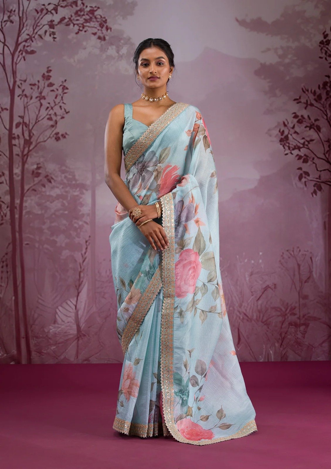 Sky Blue Chinon Silk Embroidery Cut Work Saree - Image 3