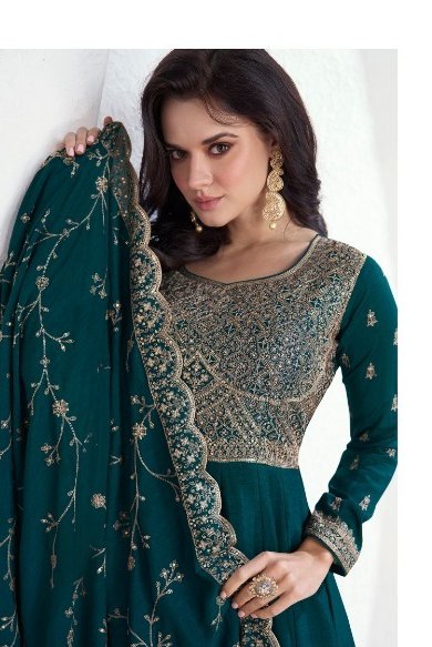 Teal Vichitra Embroidery Lace Work Salwar Suit - Image 4