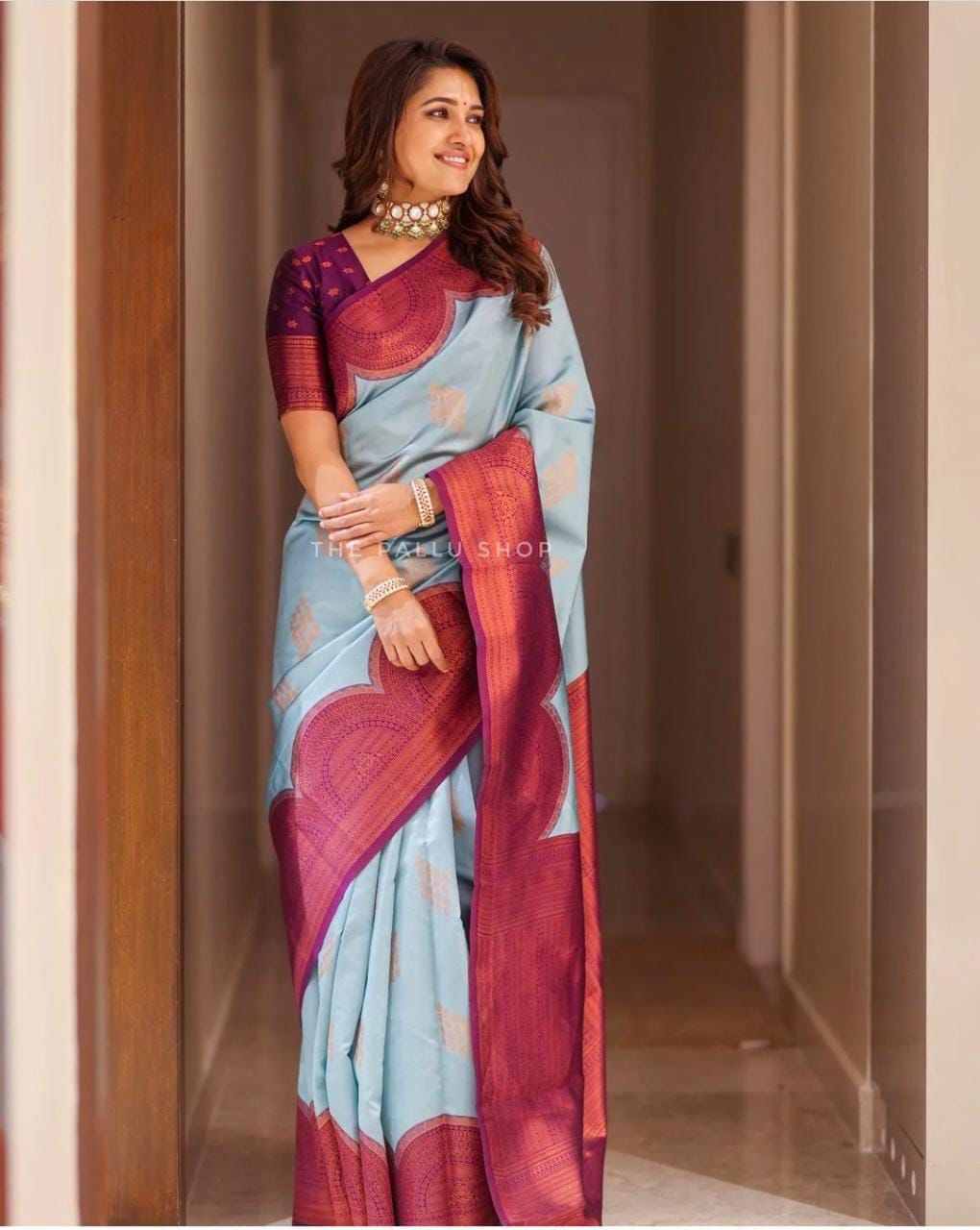 Sky Blue Lichi Silk Jacquard Work Saree