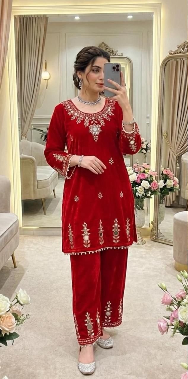 Red Velvet Embroidery Mirror Work Salwar Suit