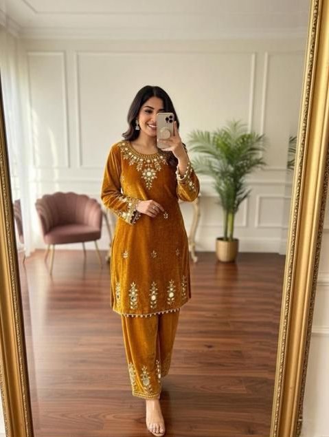 Mustered Velvet Embroidery Mirror Work Salwar Suit