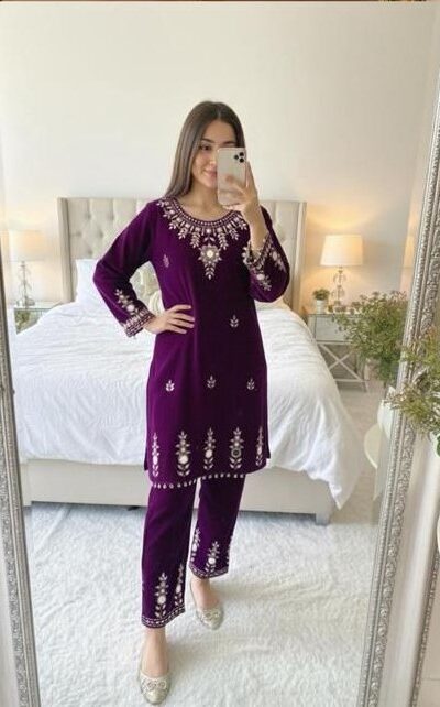 Purple Velvet Embroidery Mirror Work Salwar Suit