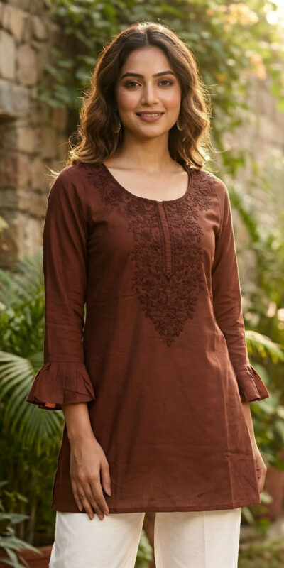 Brown Rayon Chikan Work Kurti