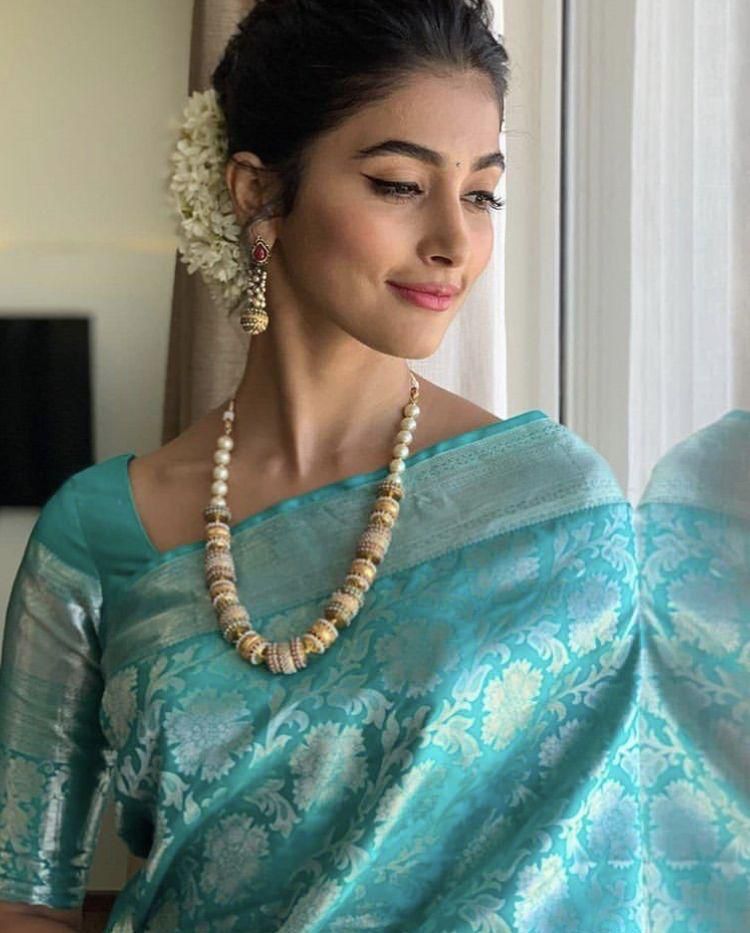 Sky Blue Soft Lichi Silk Border Lace Work Saree - Image 3