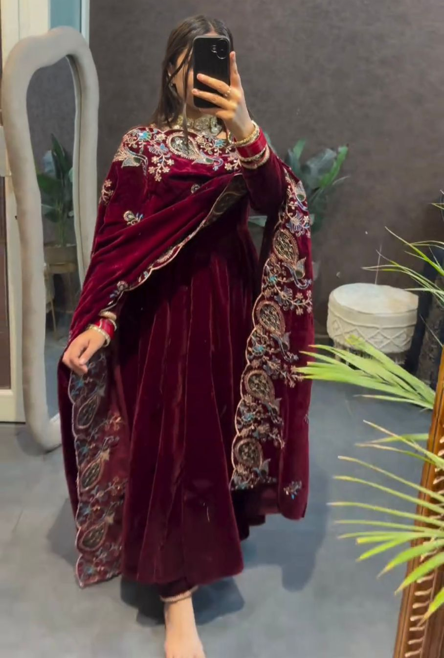 Maroon 9000 Velvet Embroidery Lace Work Salwar Suit