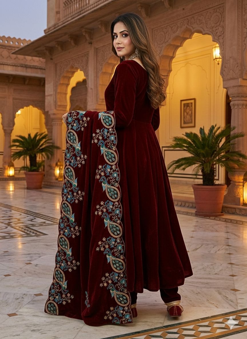 Maroon 9000 Velvet Embroidery Lace Work Salwar Suit - Image 6